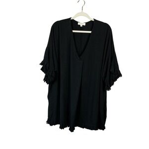 Umgee Plus Black Frayed Ruffle Trim V-Neck Tunic Top 1XL Bohemian Oversized